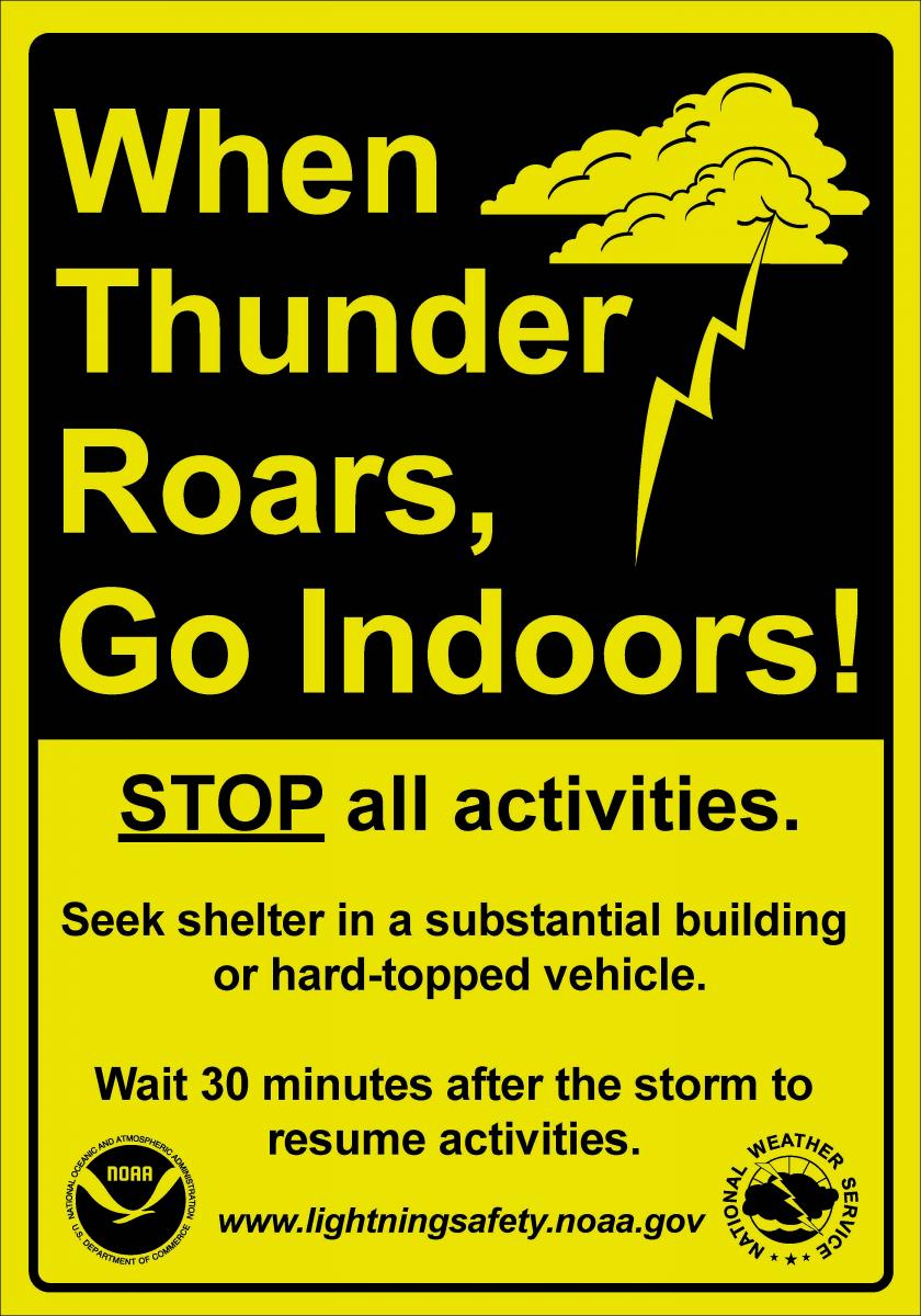 yellow and black sign cautioning to go indoors when thunder strikes